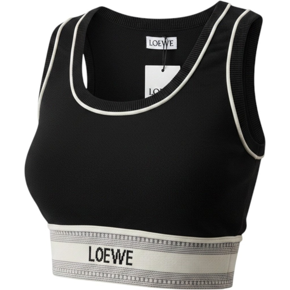 Loewe Black Knit Crop Top White Trim Logo Elastic Hem Sleeveless Scoop Neck S
